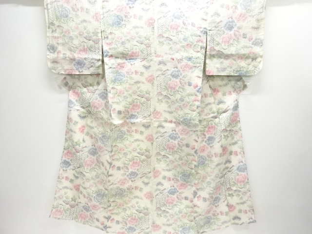 JAPANESE KIMONO / ANTIQUE KIMONO / OJIYA CHIJIMI / WOVEN PEONY